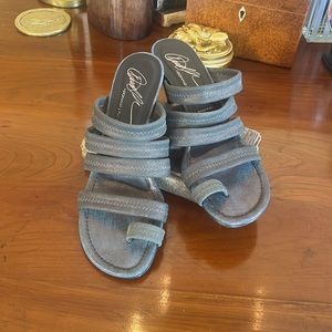 Donald J Pliner Elastic Strap Bronze Patent Leather Heels